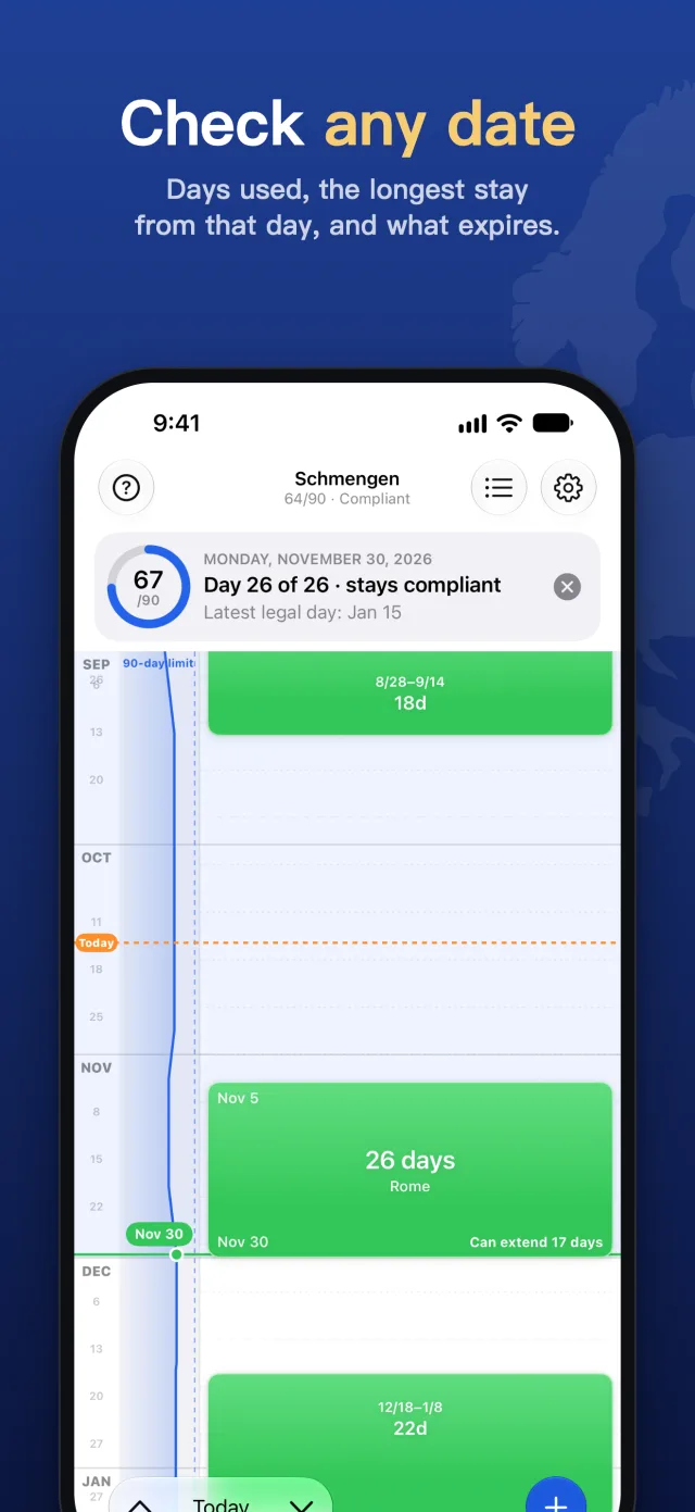 Check any date: days used, the longest stay from that day, and what expires.