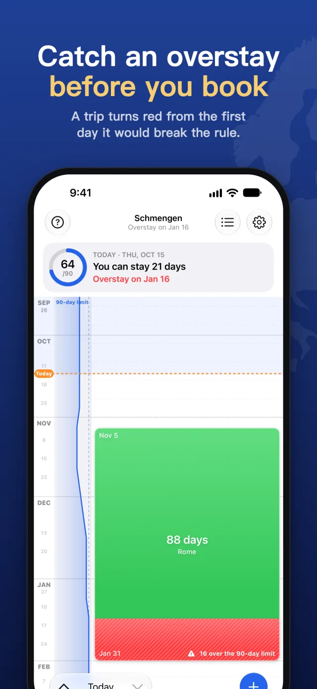 Catch an overstay before you book: a planned trip turns red and hatched from its first day over.