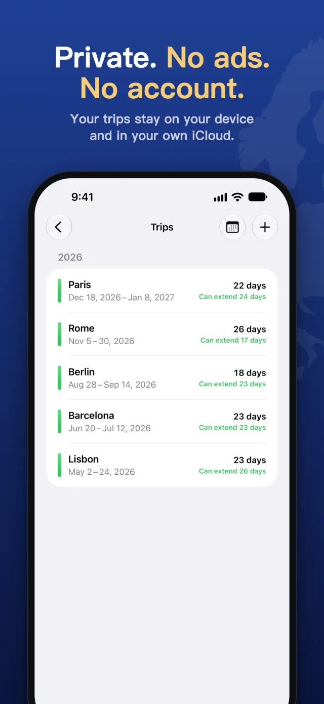 The trips list with each trip's length and how far it could be extended.