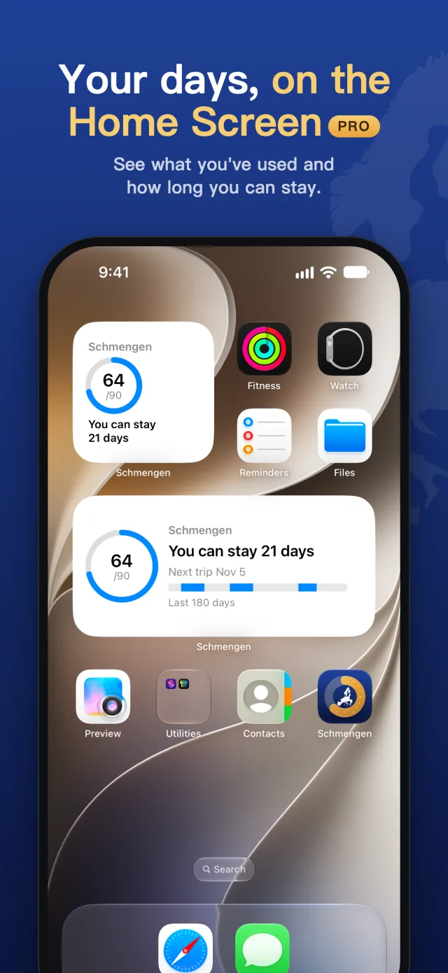 Home Screen widgets showing 64 of 90 days and 21 days left.